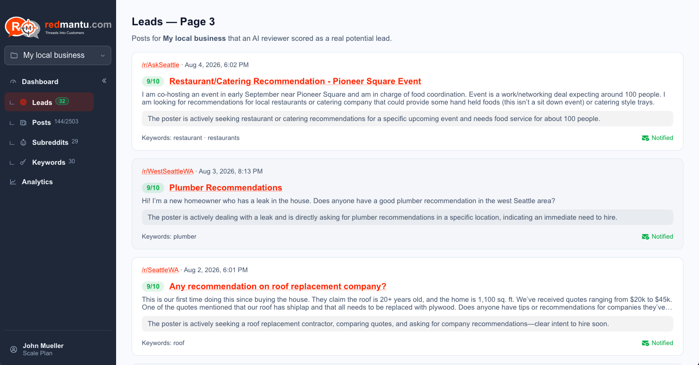 RedMantu leads dashboard listing scored Reddit posts, each with a match score, the keyword that triggered it, and notification status